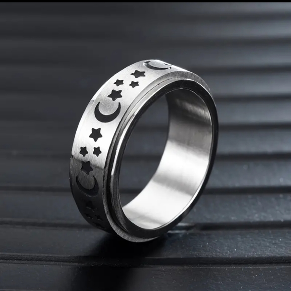 Casual Moon Star Sun Stainless Steel Rotating Fidget Band Ring, Sz 11 - Picture 3 of 6